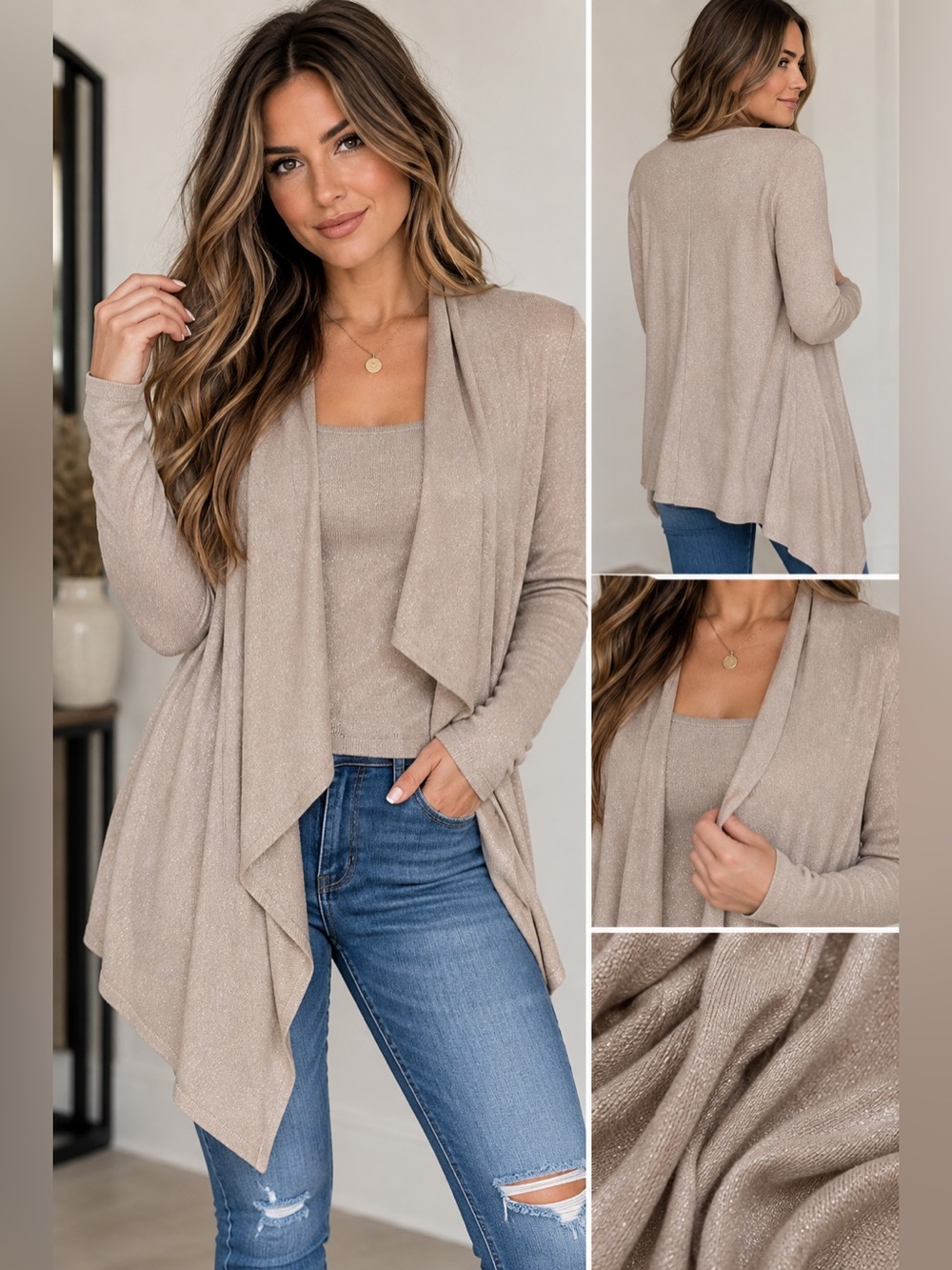 WHBM White House Black Market Shimmer Draped Cardigan Sweater Size S Taupe